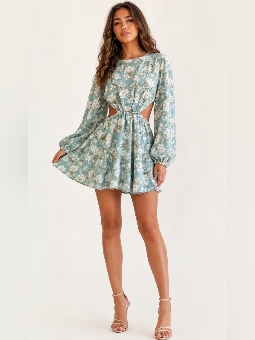 Lulus First Blooms Dusty Blue Floral Long Sleeve Cutout Dress Sz. M NWT